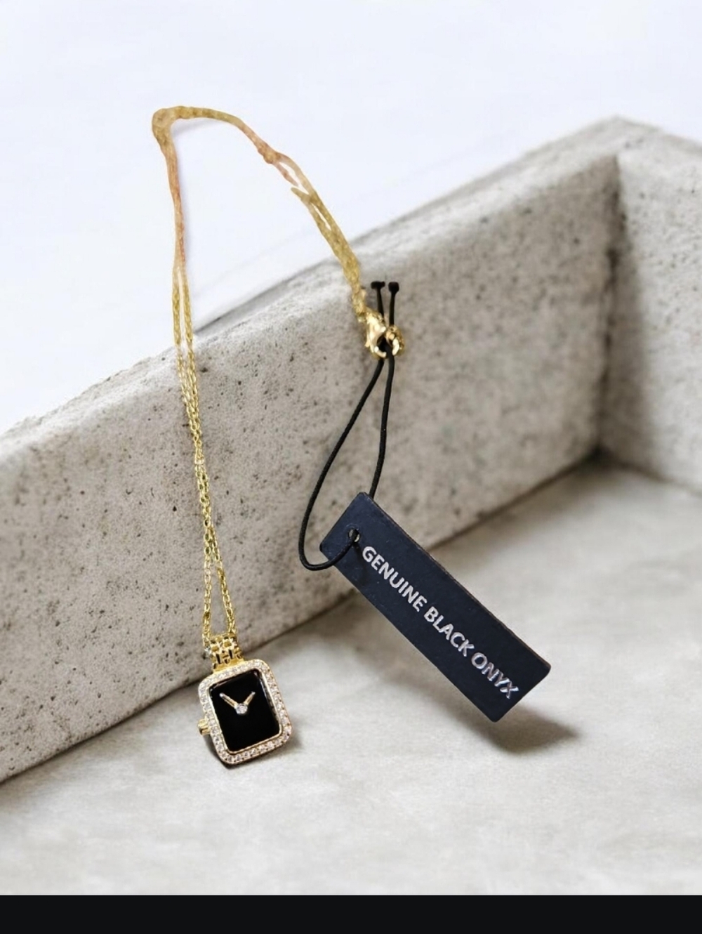 NWT Black Onyx Crystal Watch Pendant‎ Necklace Dainty Time Is Of The Essence
